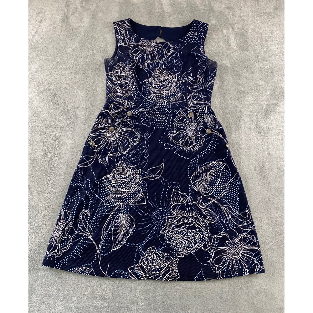 Enfocus Studio Navy Blue Dotted Floral Fit Flare Dress 8 Sleeveless Keyhole Back